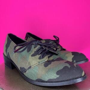 Shellys London Green Brown Black Camouflage Canvas Lace-up Heeled Oxford Sz 6